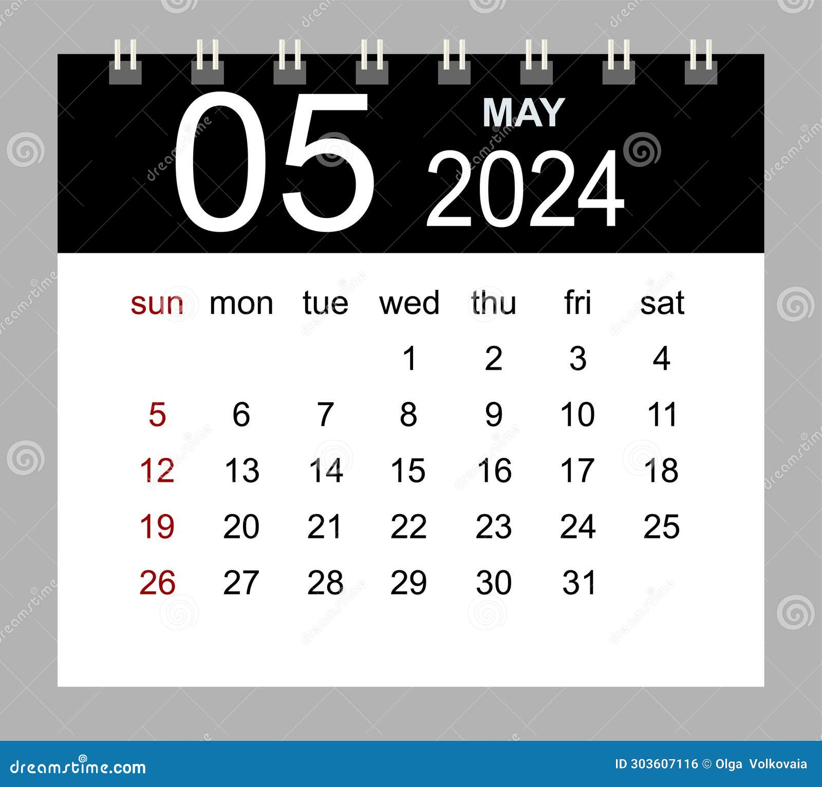 May 2024. Vector Monthly Calendar Template 2024 Year in Simple Style