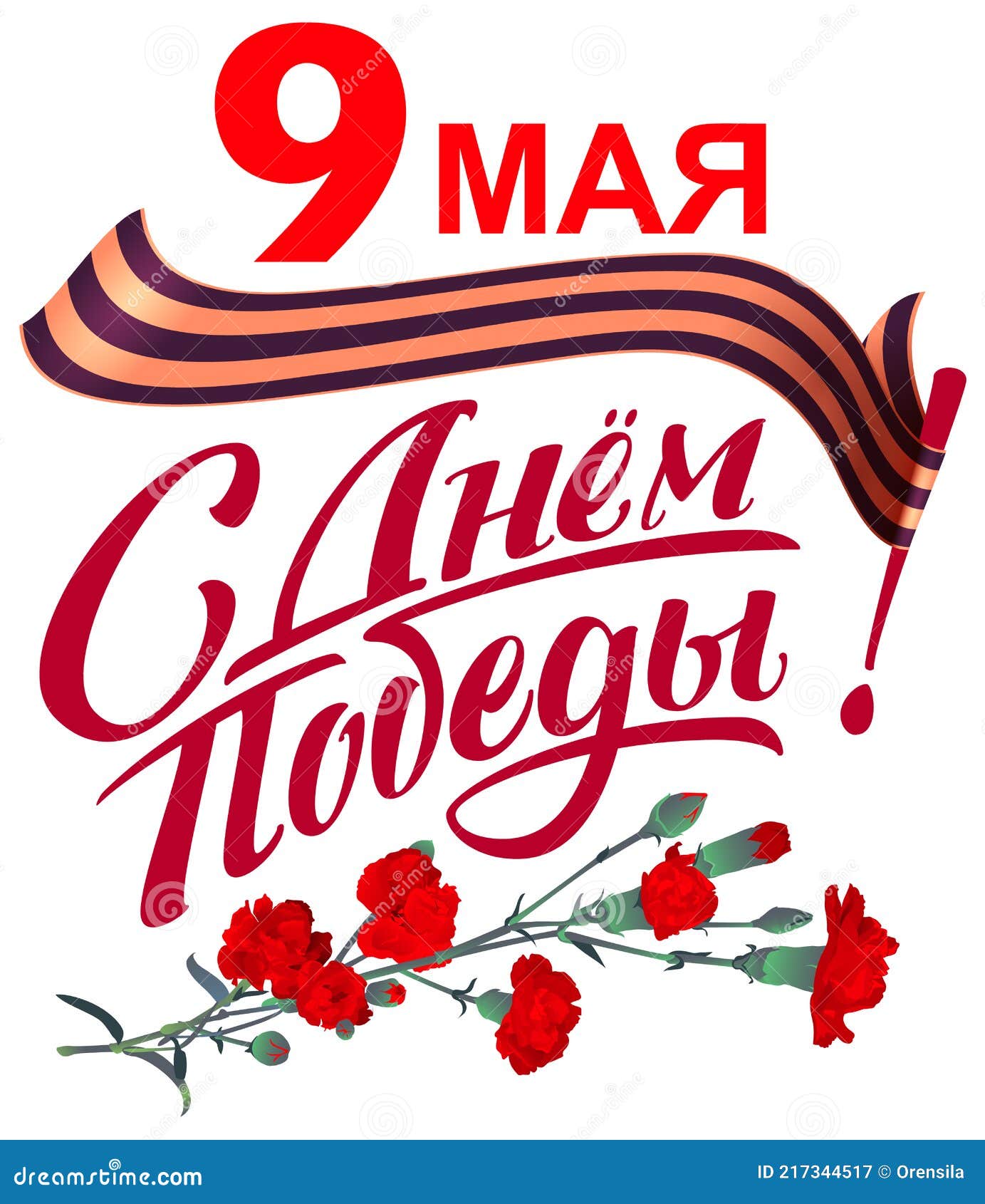 may 9 victory day russian lettering text greeting card. striped ribbon and red carnation bouquet  memory