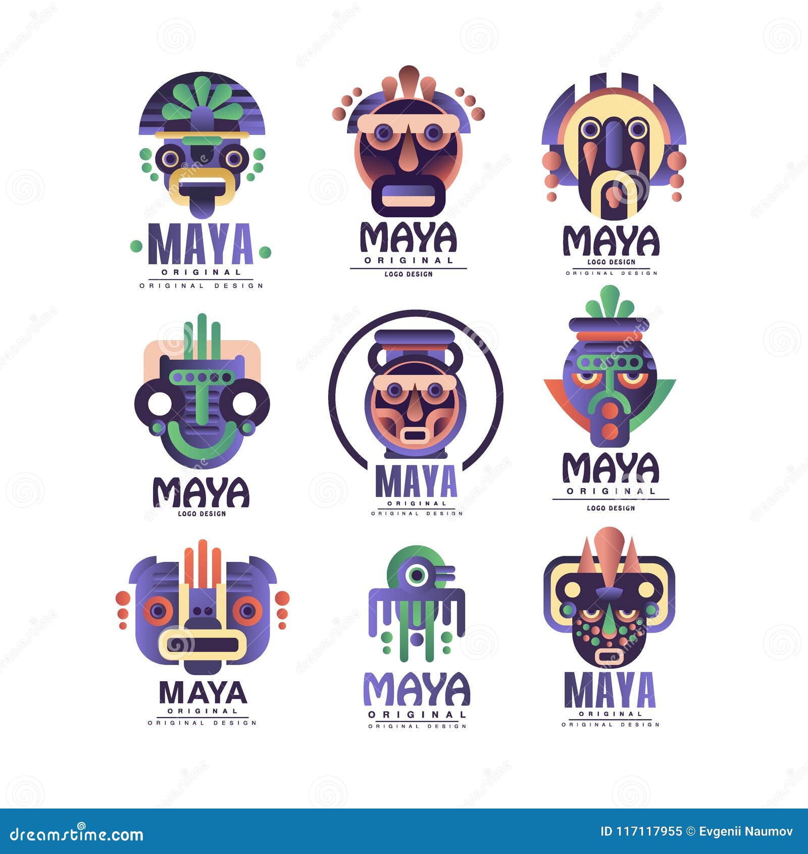maya logo original  set, emblems with ethnic mask, aztec signs  s on a white background