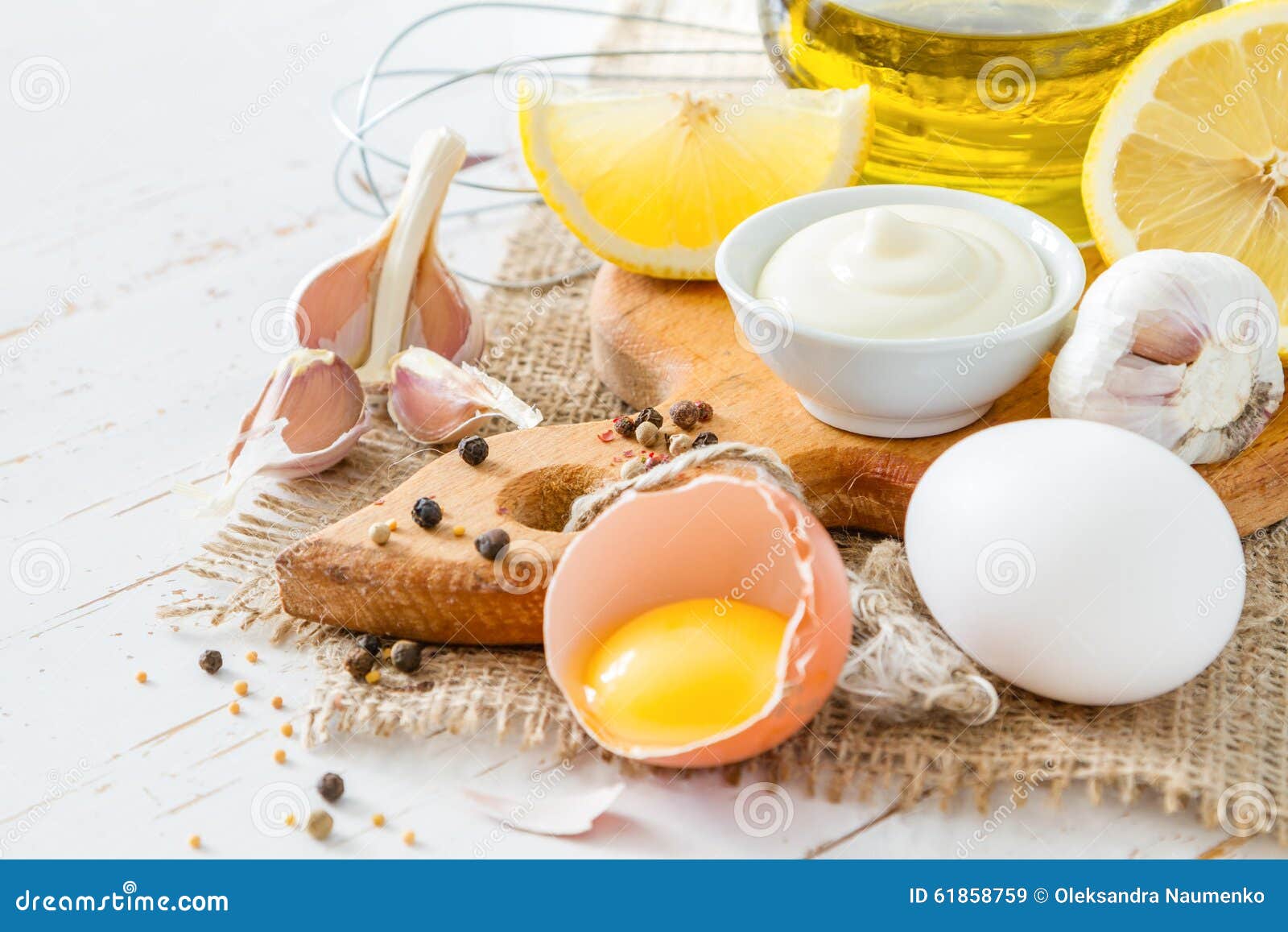 Mayonaise Ingredients on White Wood Backgound Stock Image Image of