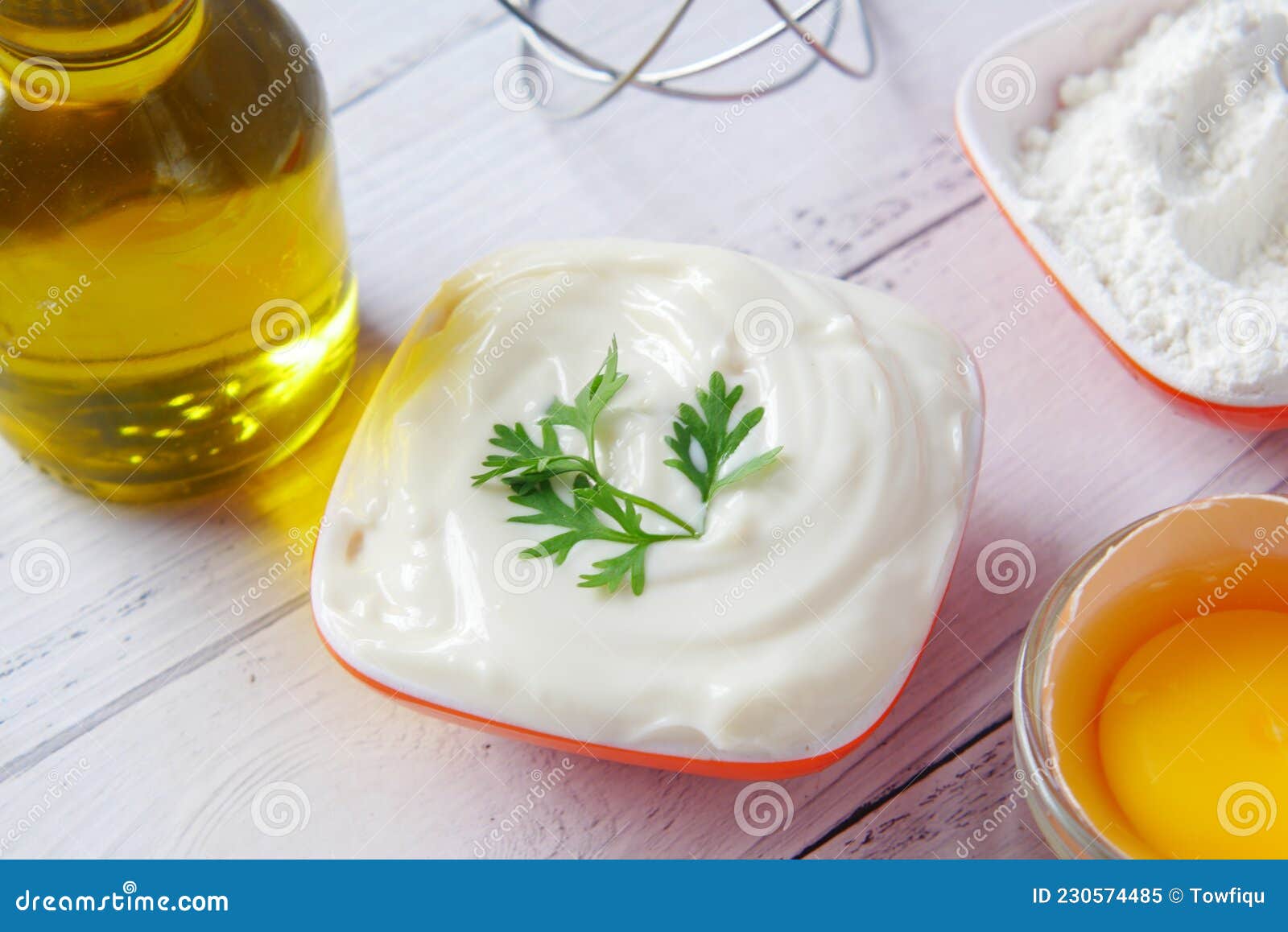 Mayonnaise in Container , Oil and Eggs on Table Stock Image Image of