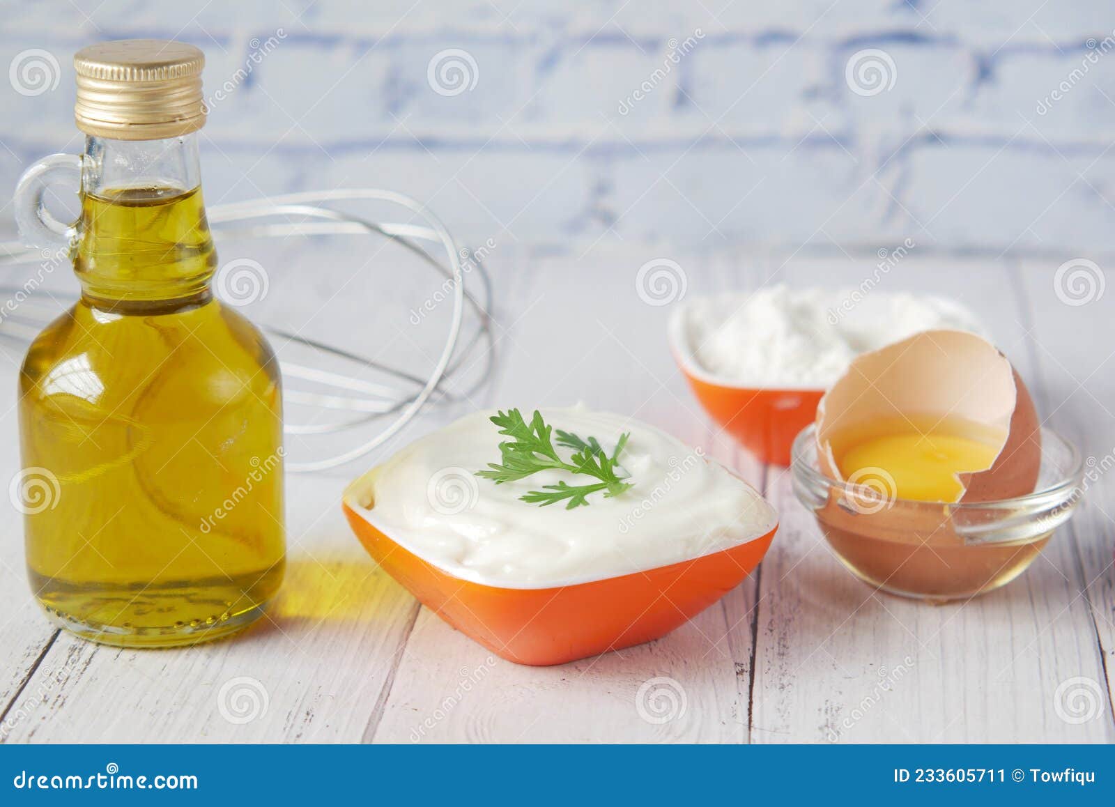 Mayonnaise in Container , Oil and Eggs on Table Stock Image Image of