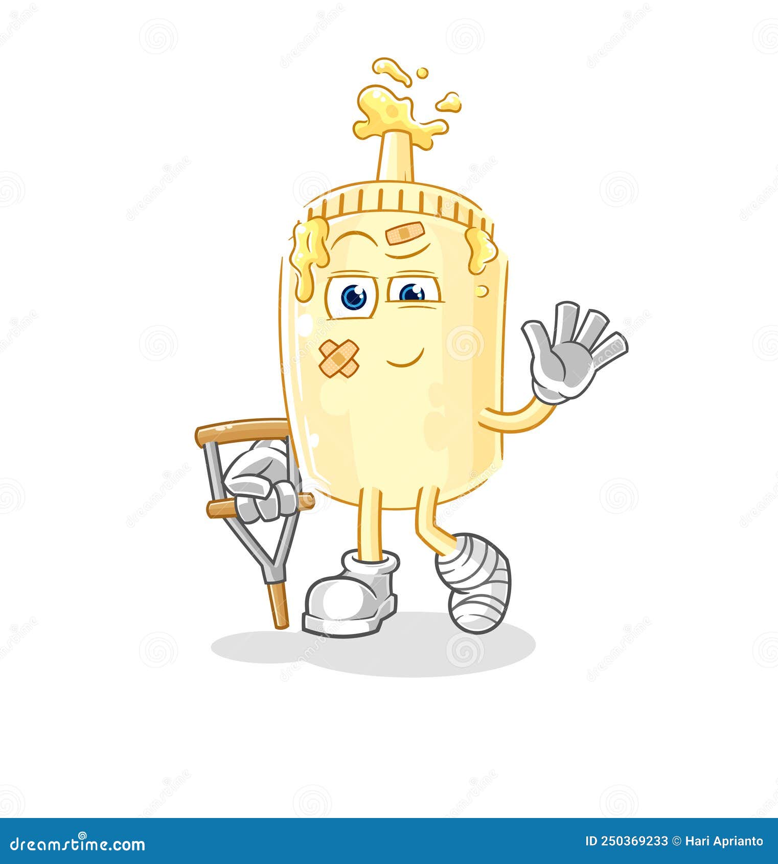 Mayonnaise Sick with Limping Stick. Cartoon Mascot Vector Stock