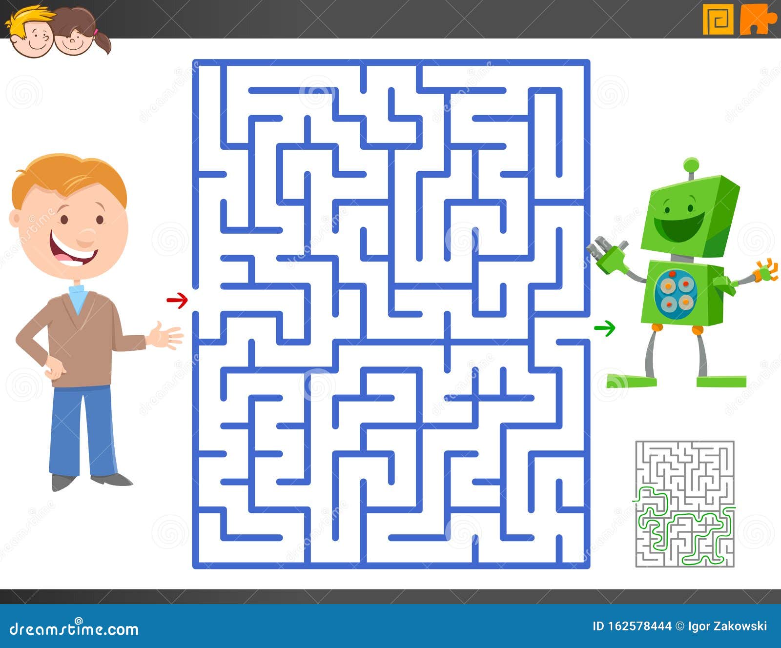 Maze Game with Cartoon Boy and Funny Toy Robot Stock Vector - Illustration  of application, friendship: 162578444