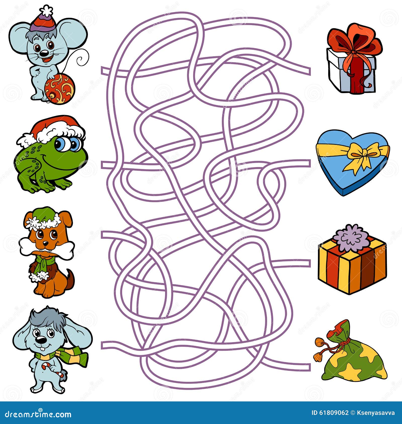 maze game for children: little animals and christmas gifts