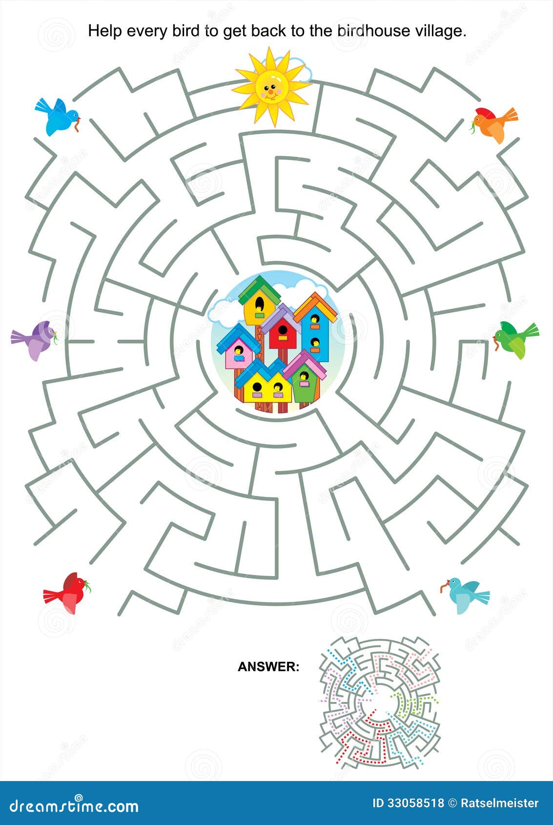 Maze Game For Kids - Birds And Birdhouses Stock Vector 