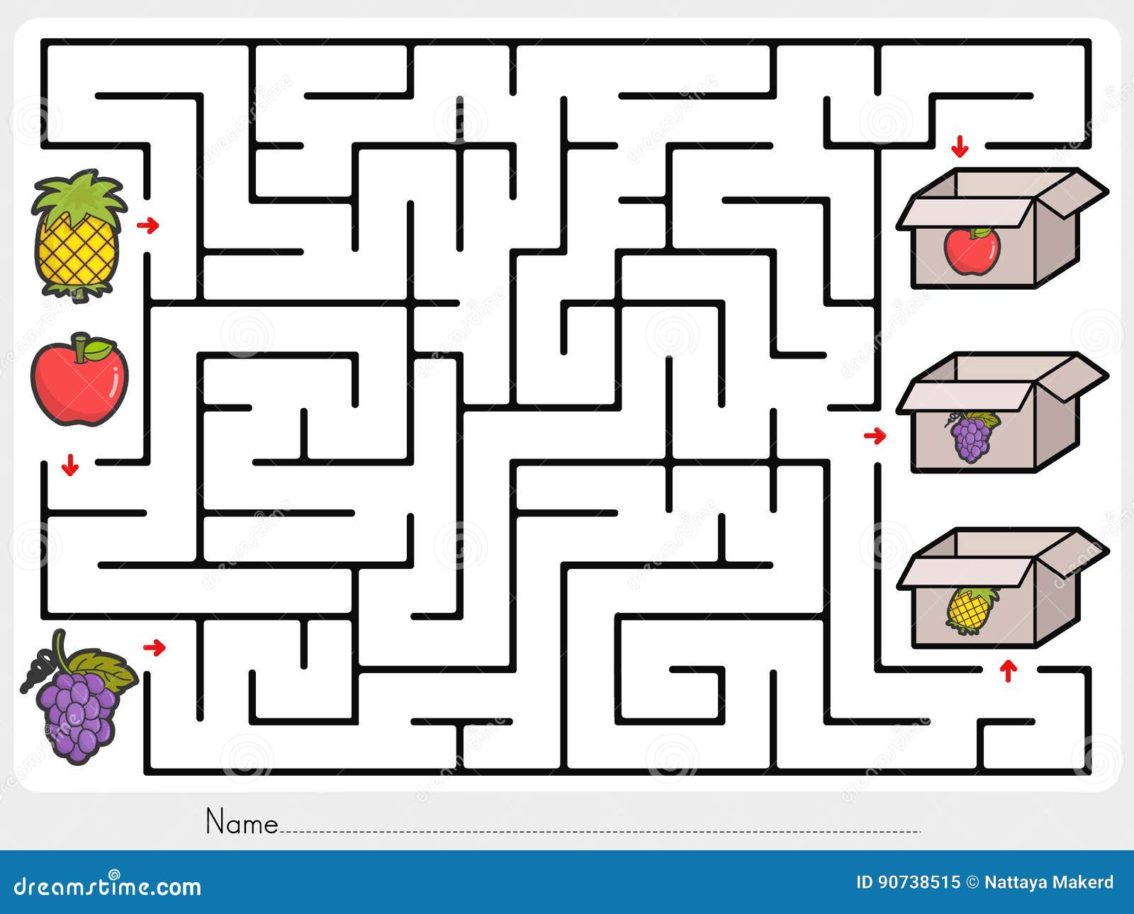Maze Game Pick Fruits Box Sheet for Education Stock Vector
