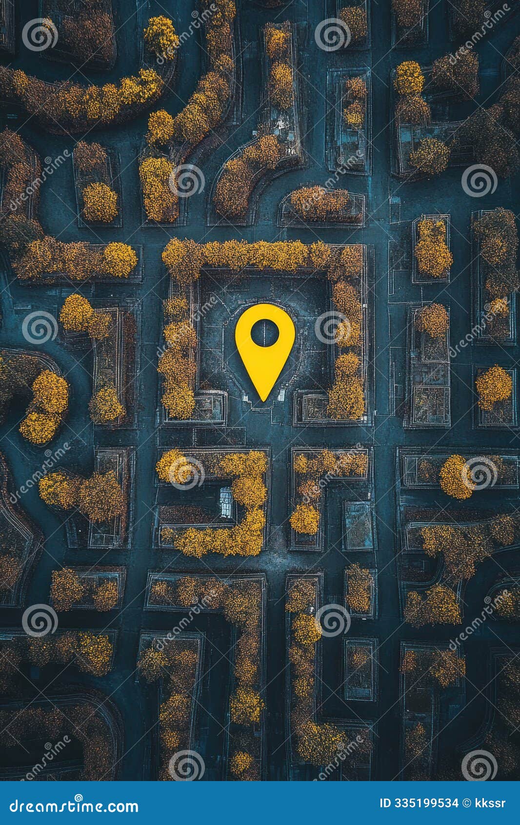 maze guidance, aerial view of a maze with a yellow location pin, representing direction and navigation through a complex layout