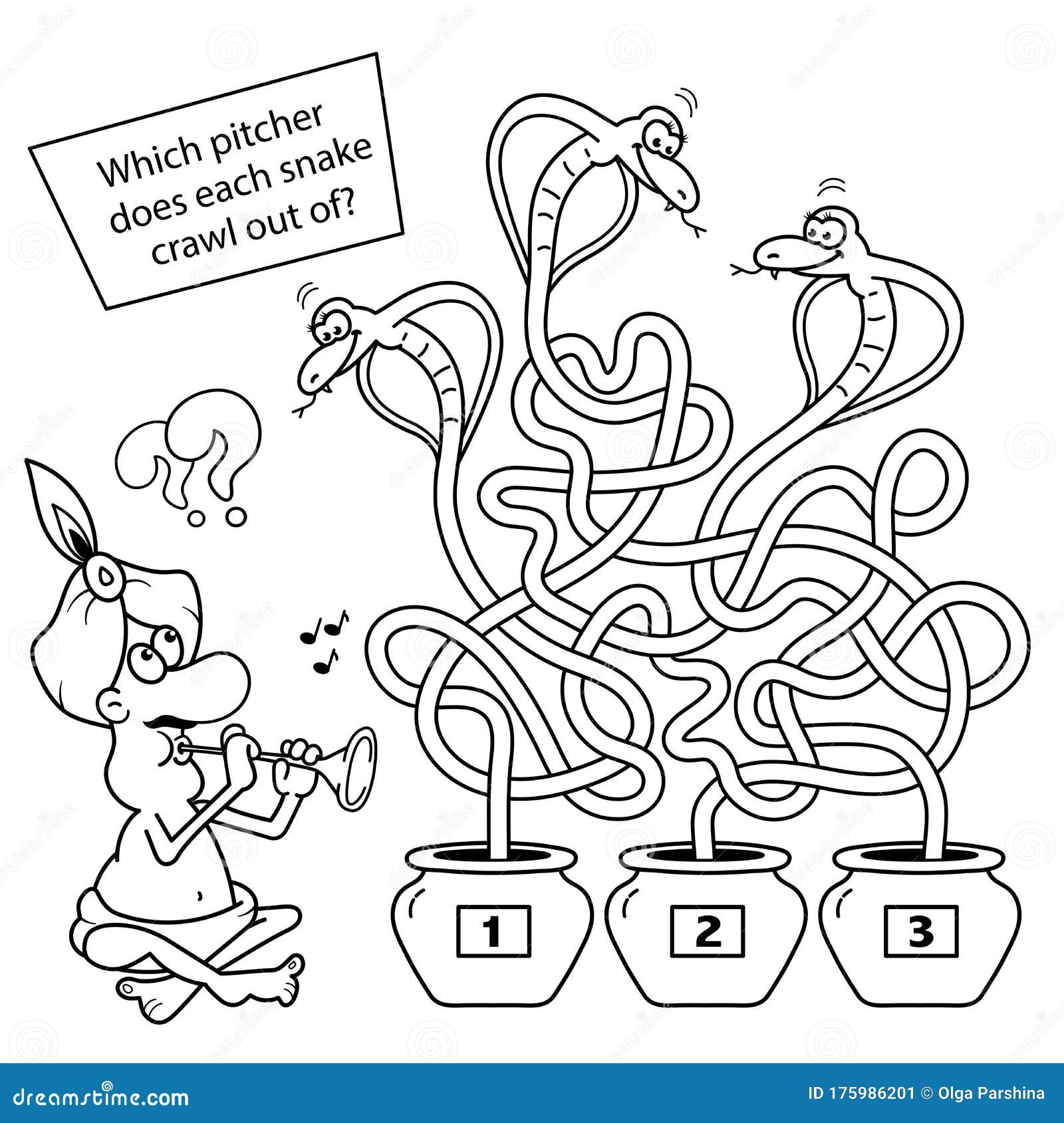 maze or labyrinth game for preschool children. puzzle. tangled road.  coloring page outline of cartoon fakir or snake charmer with