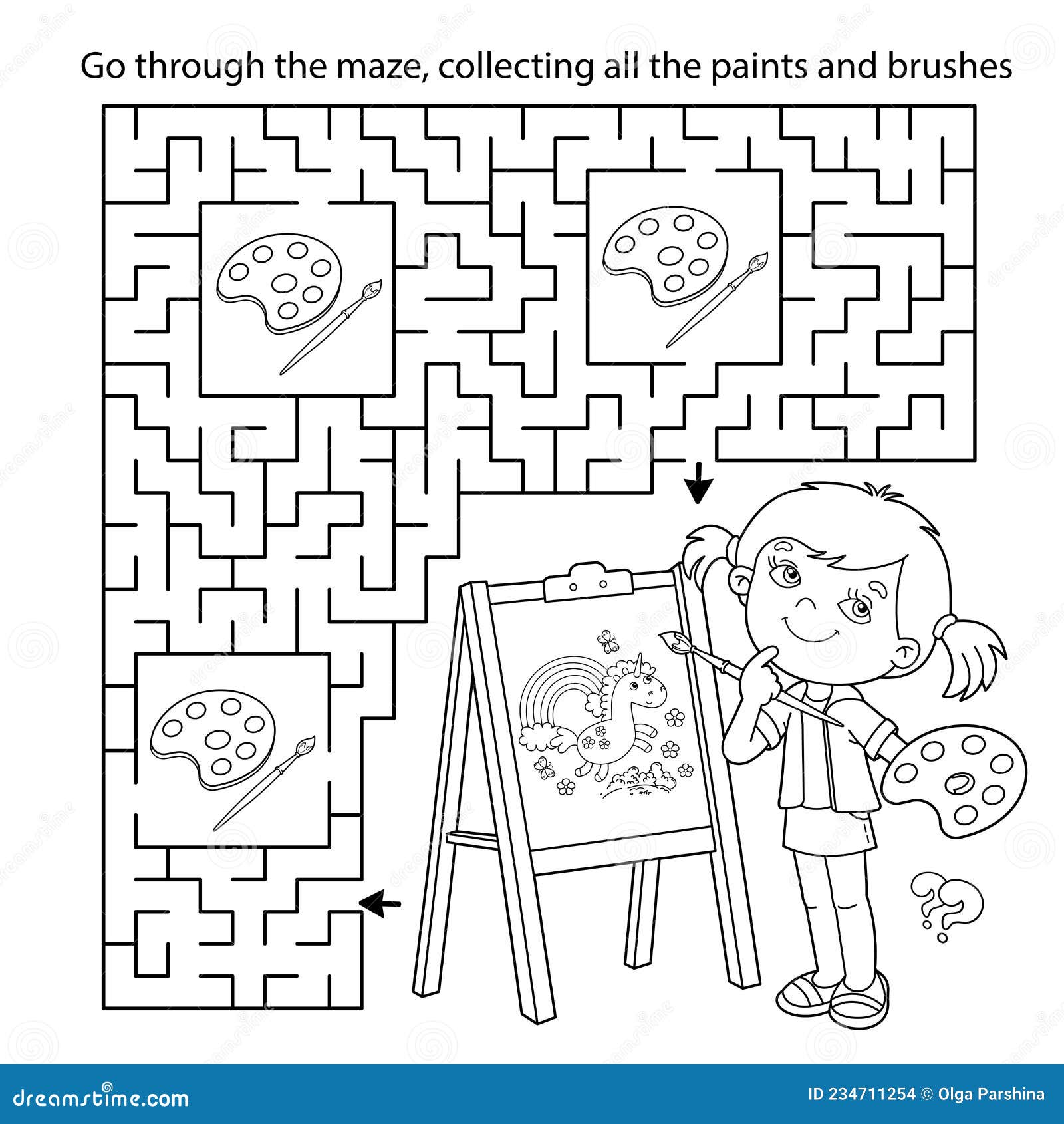 https://thumbs.dreamstime.com/z/maze-labyrinth-game-puzzle-coloring-page-outline-cartoon-girl-brush-paints-little-artist-easel-book-kids-234711254.jpg