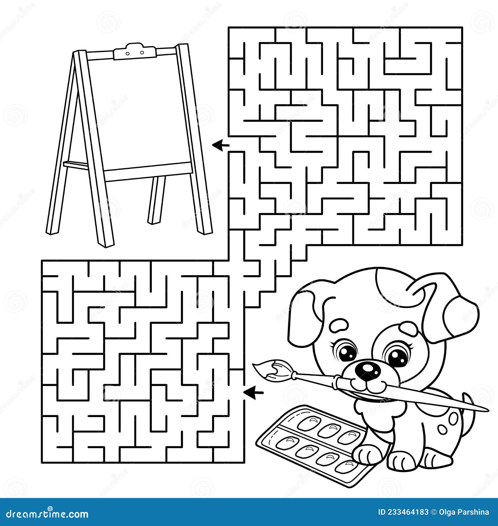 https://thumbs.dreamstime.com/z/maze-labyrinth-game-puzzle-coloring-page-outline-cartoon-little-dog-brush-paints-artist-easel-book-kids-233464183.jpg