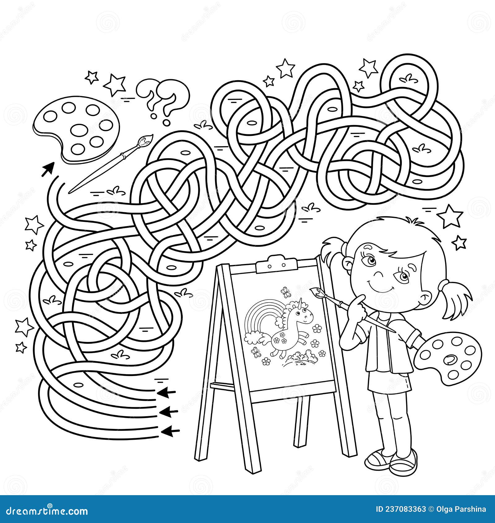 https://thumbs.dreamstime.com/z/maze-labyrinth-game-puzzle-tangled-road-coloring-page-outline-cartoon-girl-brush-paints-little-artist-easel-book-237083363.jpg