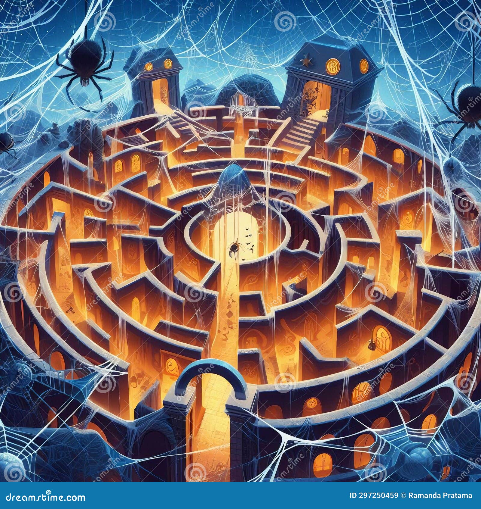 a maze surrounded by giant spider webs by generative ai