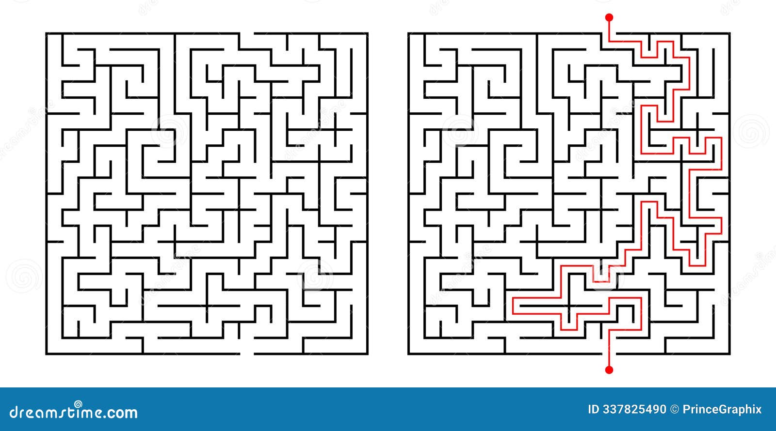 square maze puzzle with solution. simple logic game, maze challenge with entry and exit.  labyrinth  