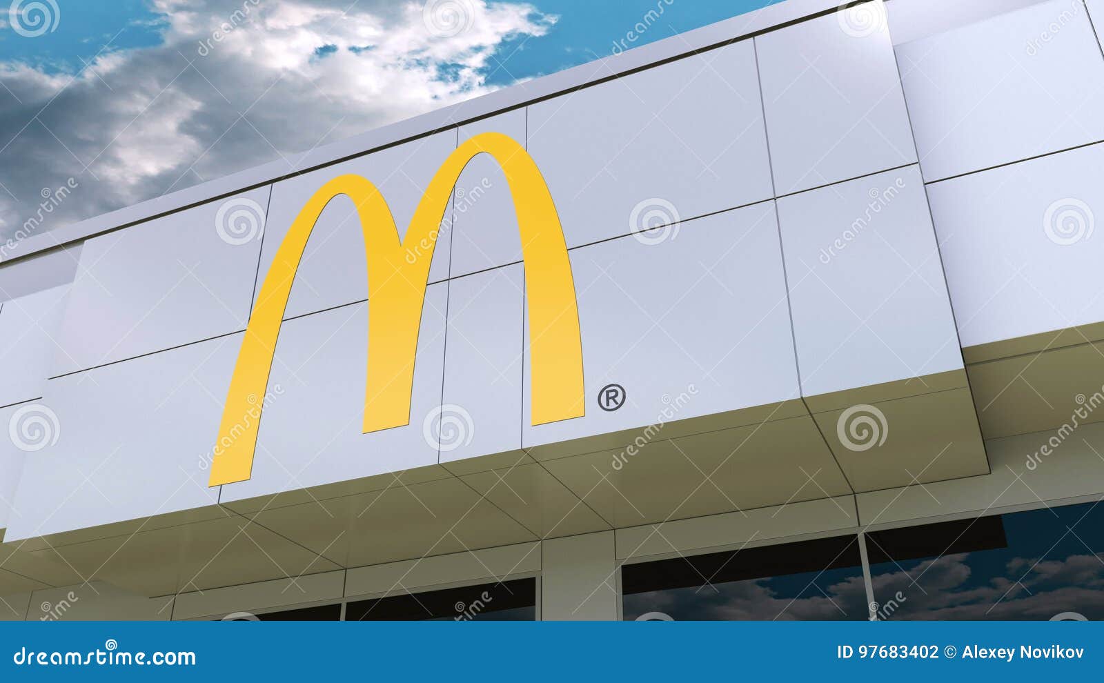 McDonald`s Logo on the Modern Building Facade. Editorial 3D Rendering