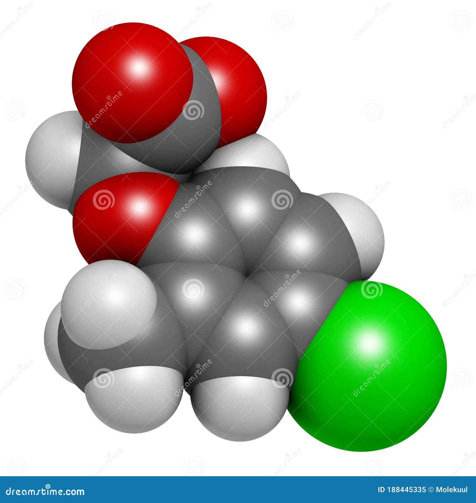 mcpa 2-methyl-4-chlorophenoxyacetic acid herbicide molecule. 3d rendering. atoms are represented as spheres with conventional.