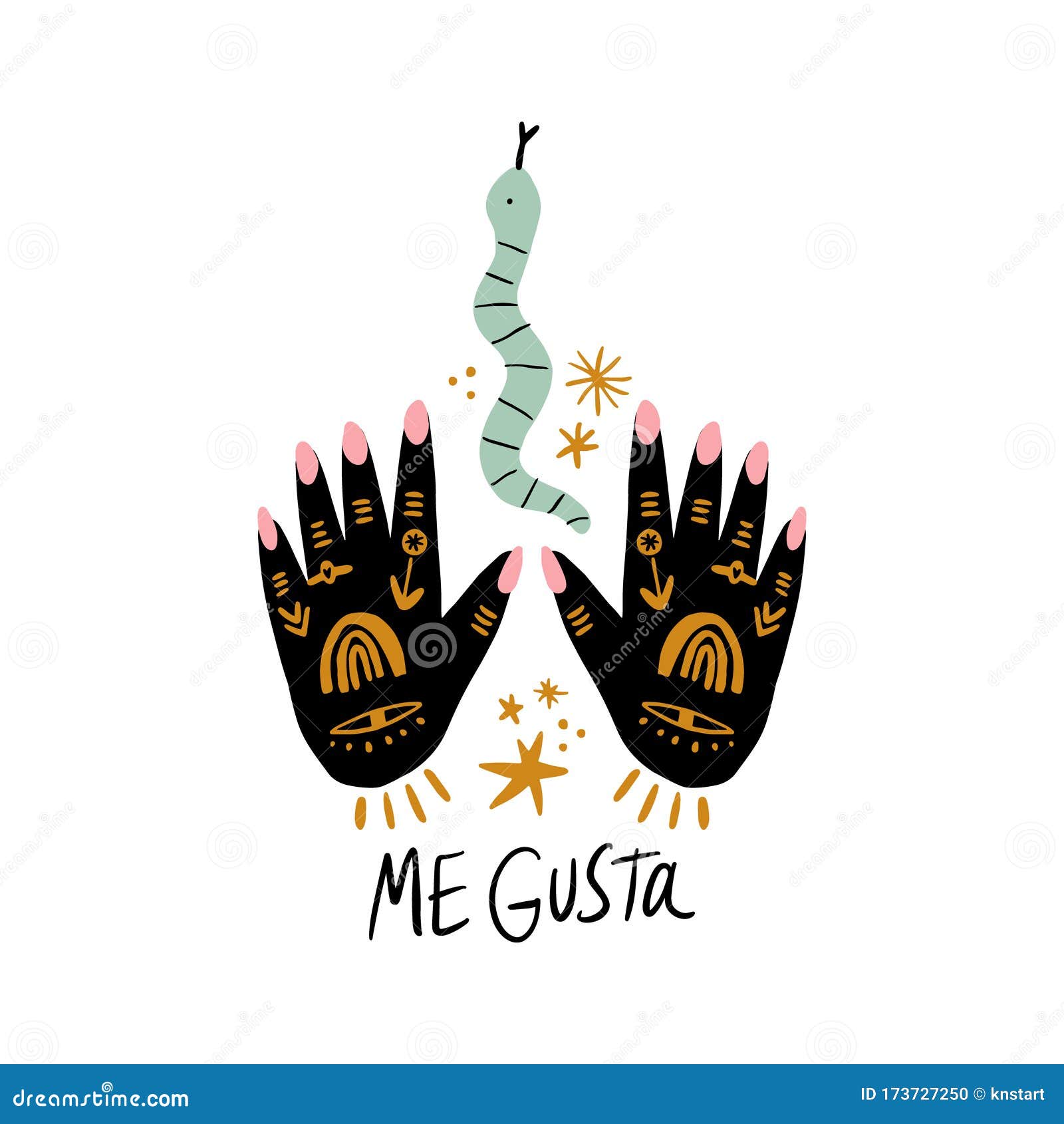 me gusta handwritten lettering text. hand drawn female witch hands with gold flash tattoo and snake. print, sticker, patch. 