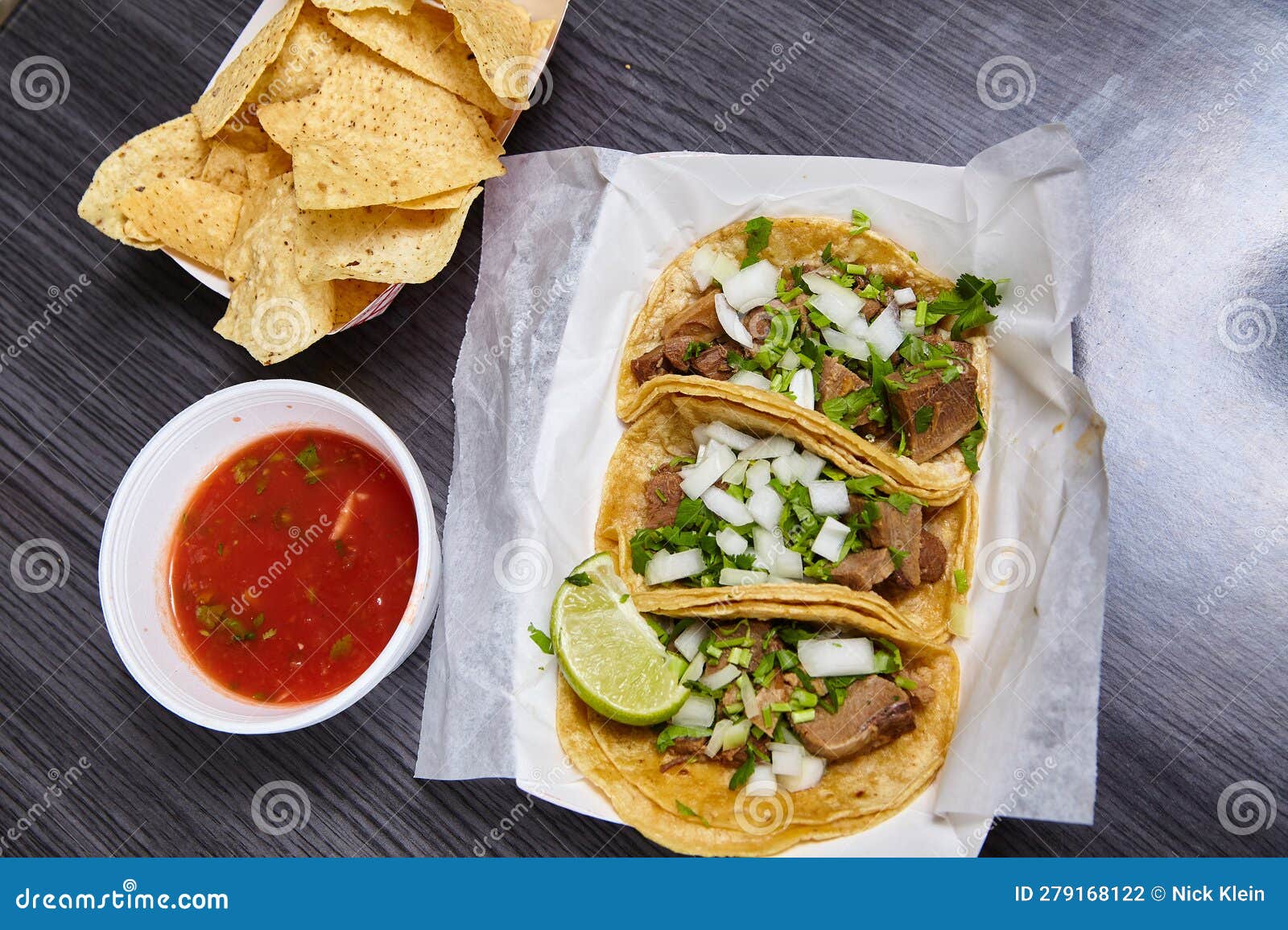 meal 3 corn tortilla lengua cow beef tongue street tacos mexican with chips red salsa