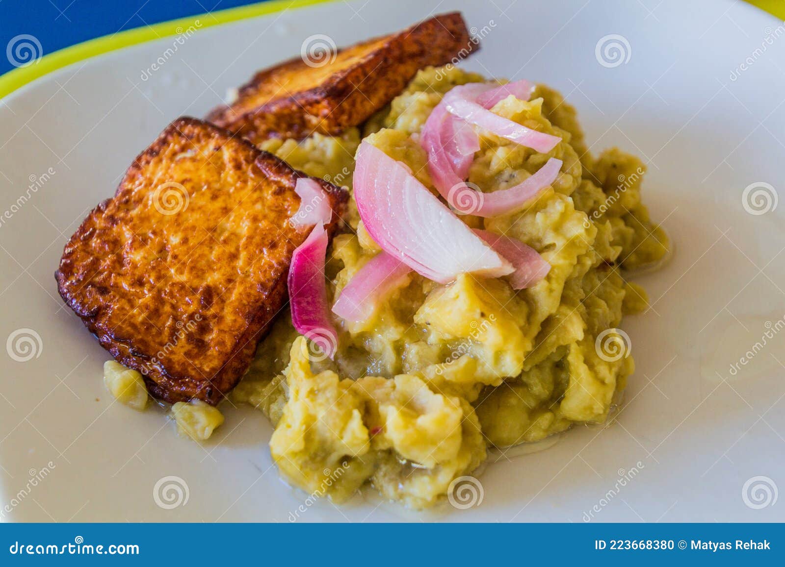 meal in dominican republic - fried cheese with mangu mashed plantain