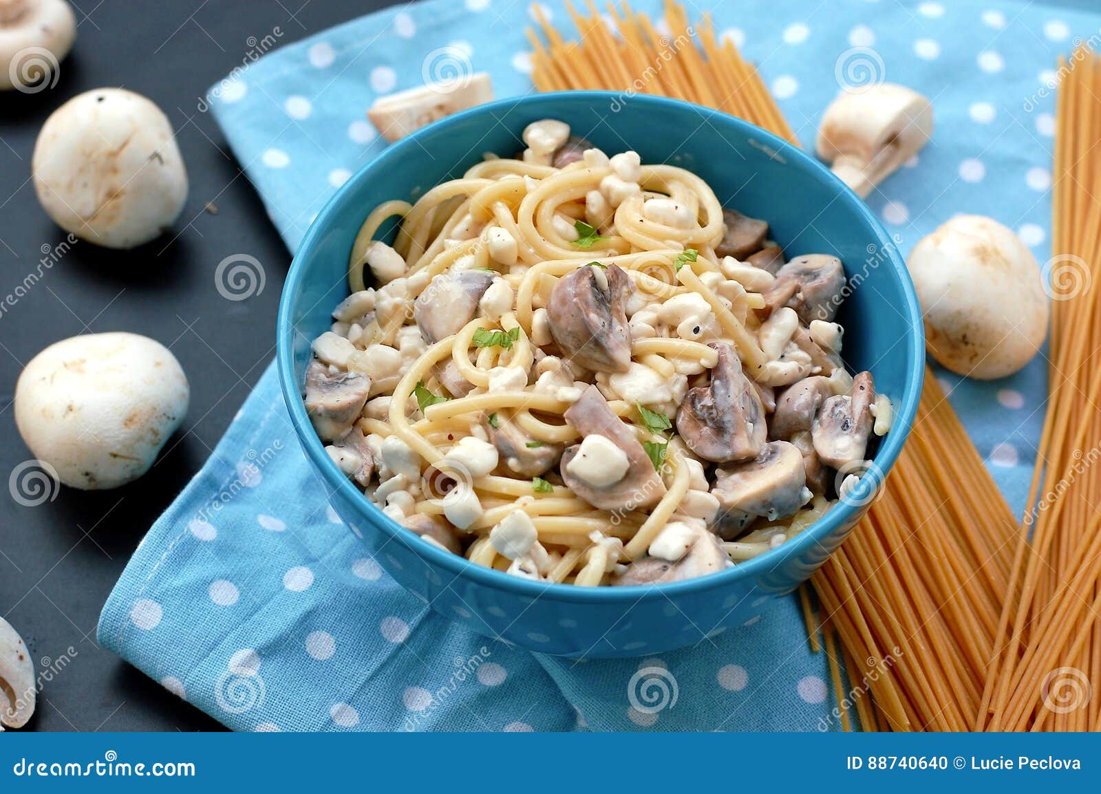 Meal From Pasta Spaghetti Mushroom Cottage Cheese And Parsley In