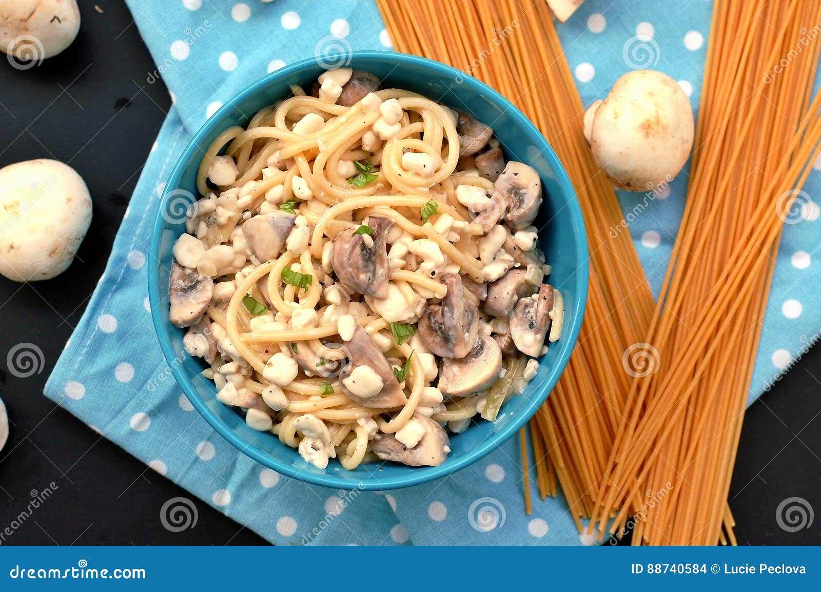 Meal From Pasta Spaghetti Mushroom Cottage Cheese And Parsley In