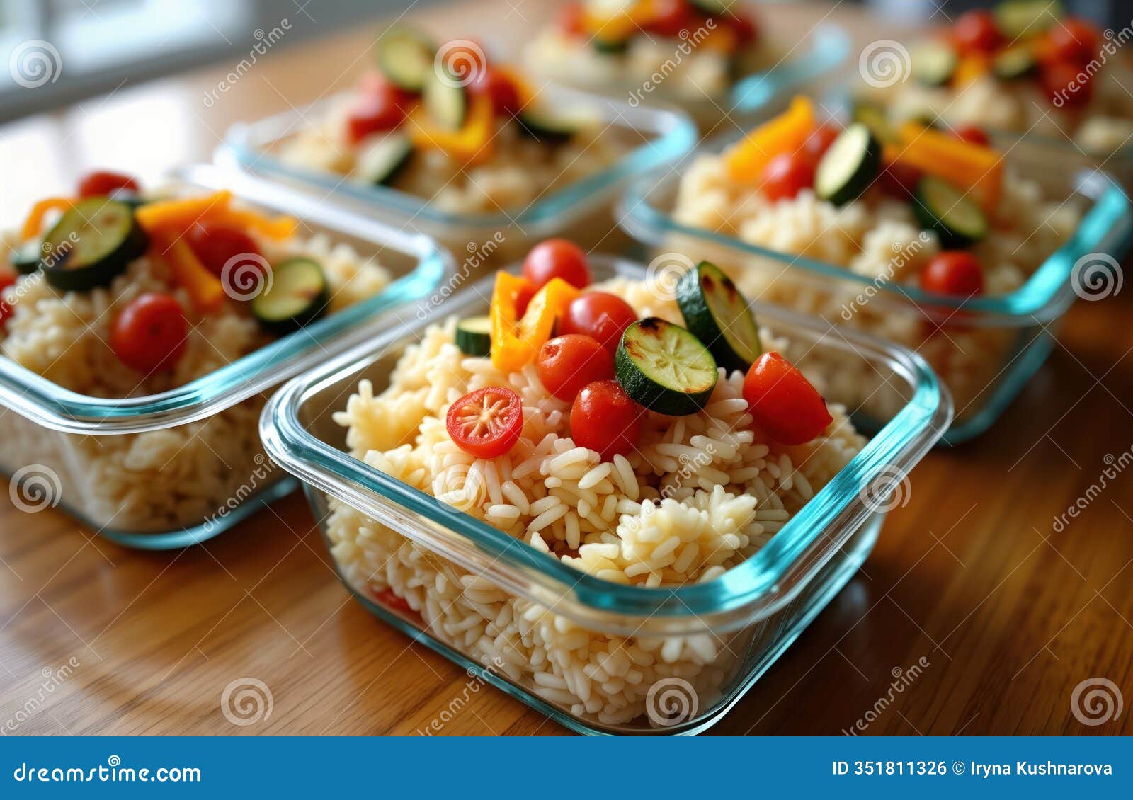 meal prep containers filled with rice and grilled vegetables. healthy food preparation for balanced diet. containers are ready