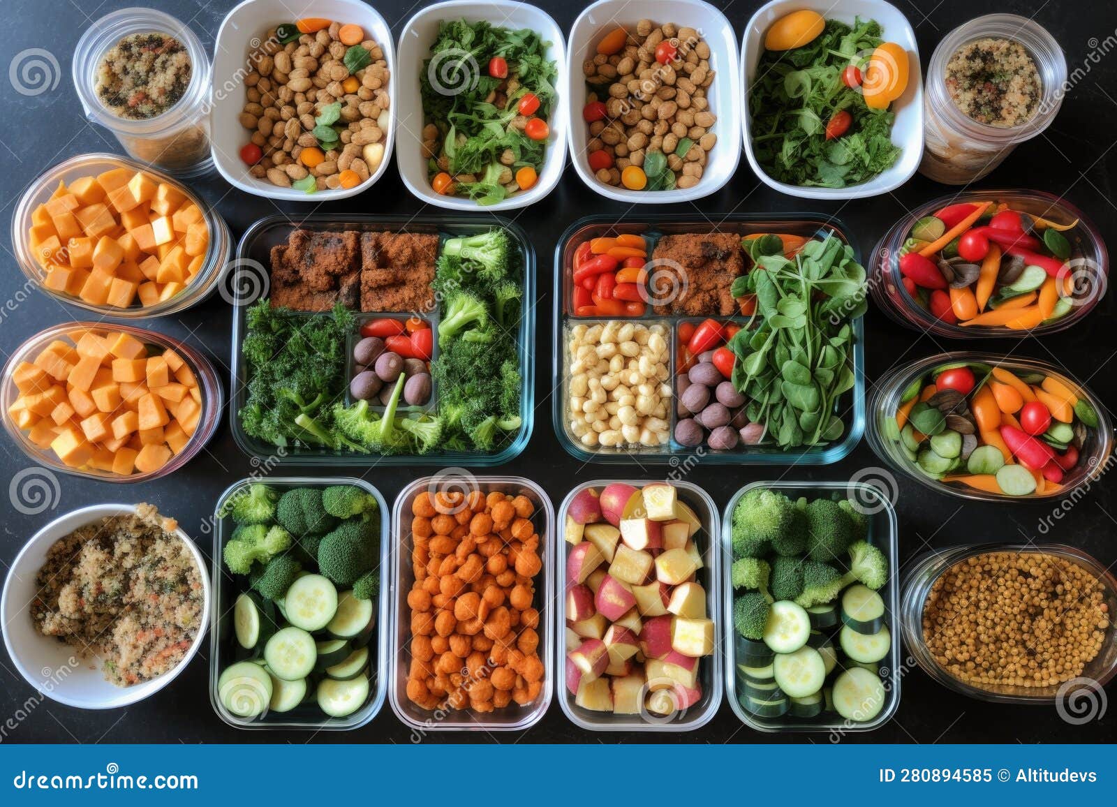 Meal Prep Spread that Includes a Variety of Fresh Vegetables, Proteins