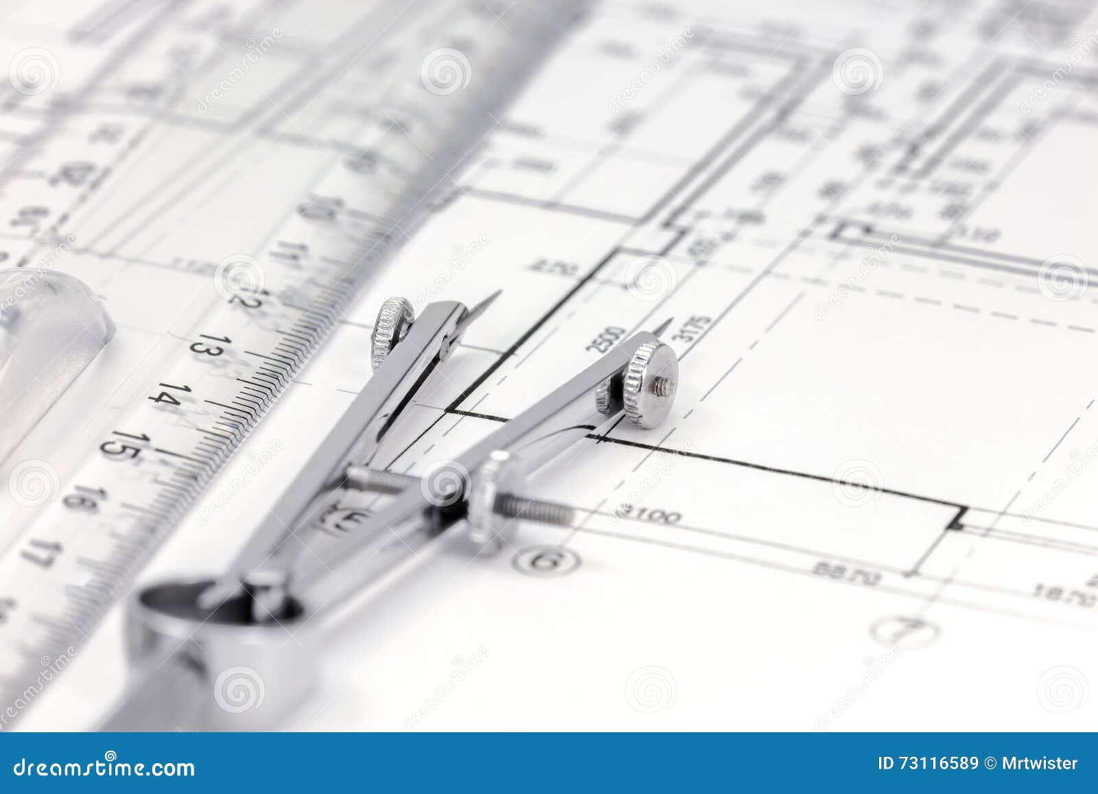 Measurement Tools On Floor Plan Background Stock Image