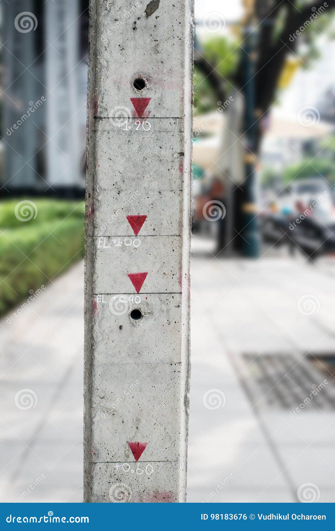 Measuring Concrete Pole with Meter Indication on Footpath Along Stock