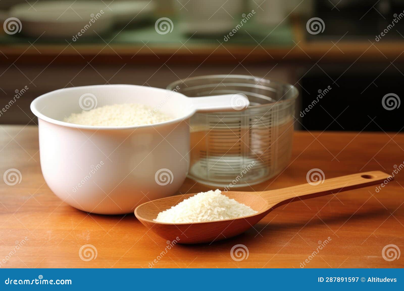 Measuring Cup and Rice Scoop on Kitchen Counter Stock Image Image of