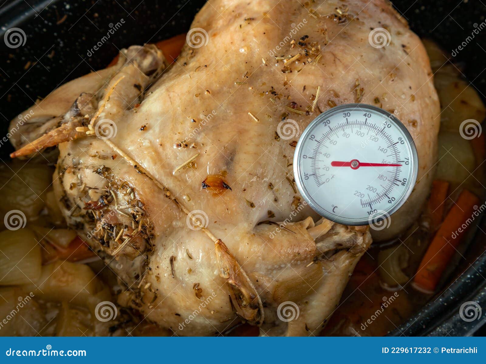 Measuring Internal Temperature of Oven Baked Chicken. Stock Photo