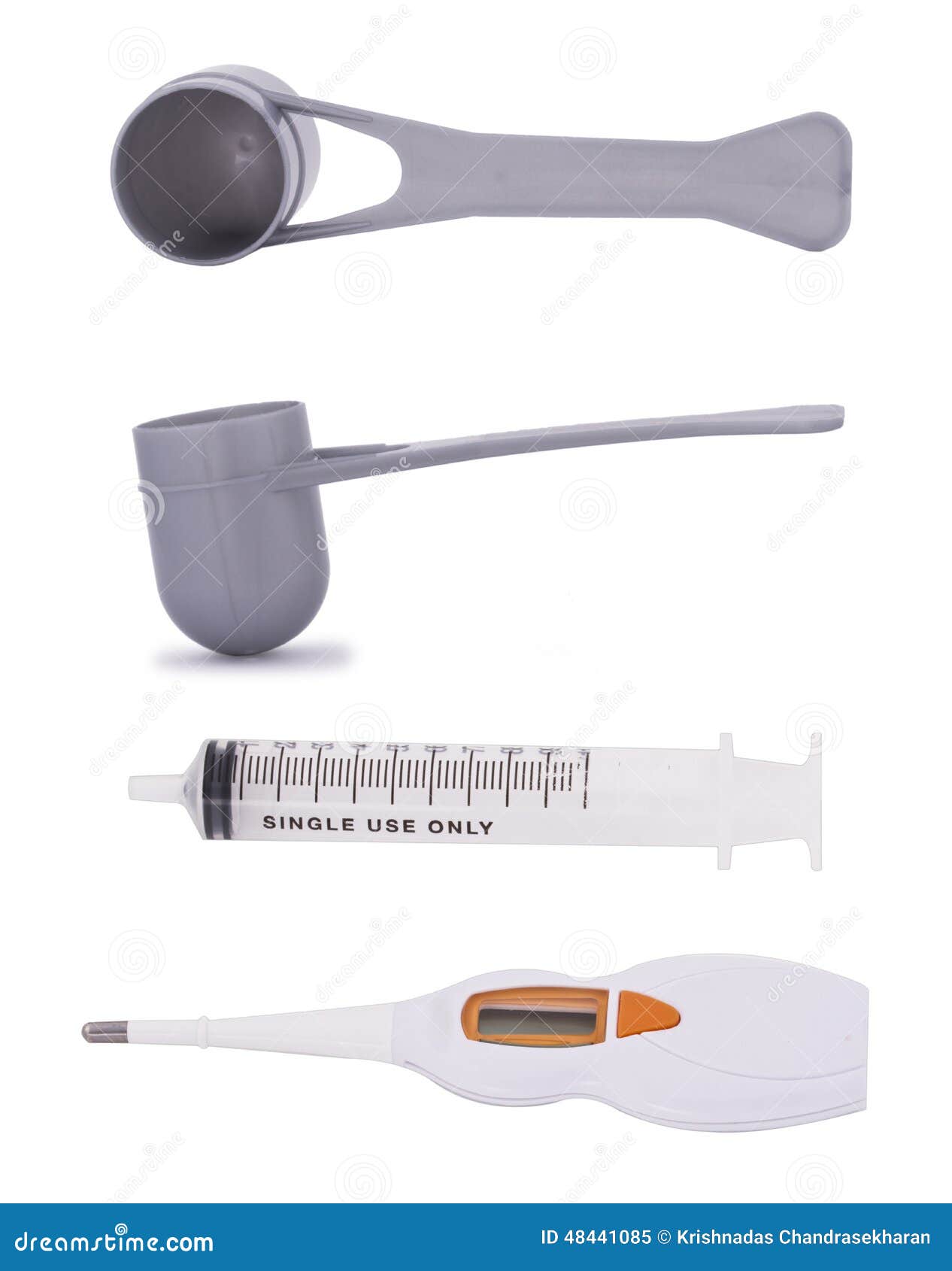 Measuring Scoops, Syringe and Electronic and Digital Thermometer Stock
