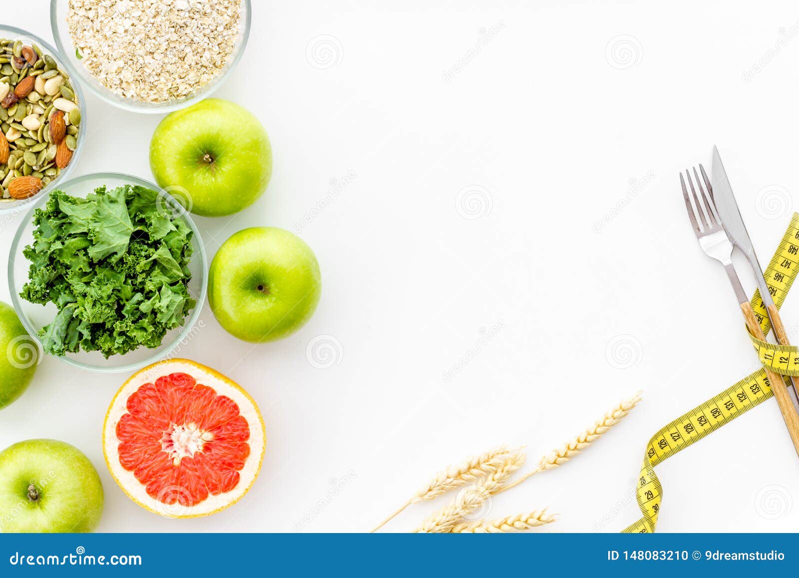 Download Measuring Tape, Apples, Oat Meal And Grapefruit For Loosing Weight On White Background Top View ...