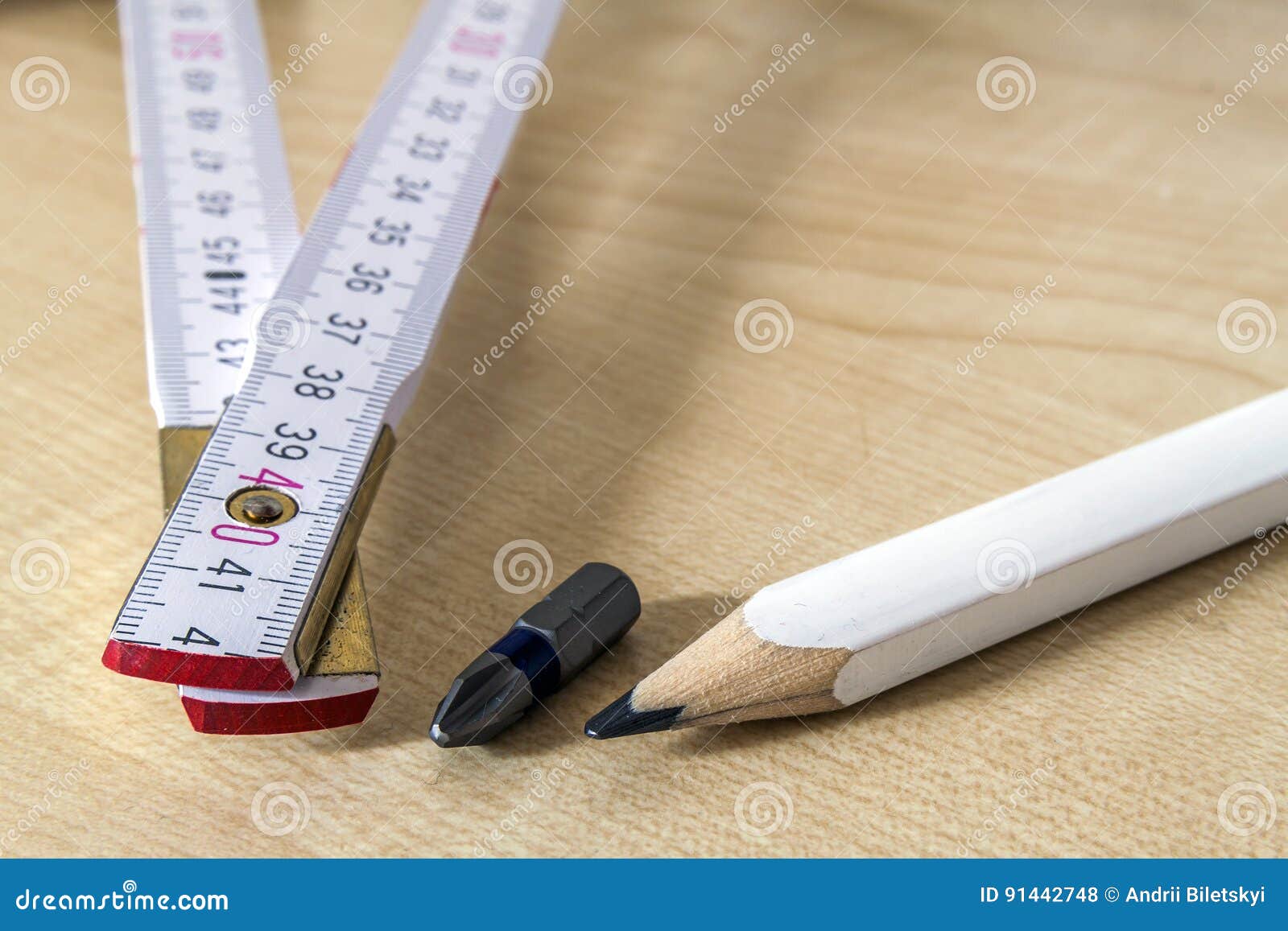Measuring Tape Meter and Pensil. Construction Tools. Stock Photo