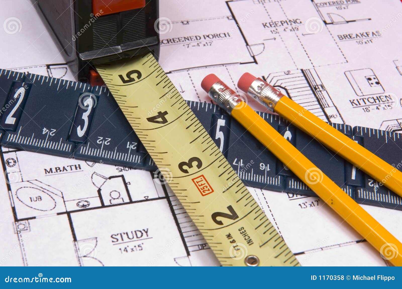 Measuring Tape And Ruler With Pencils On House Floorplan