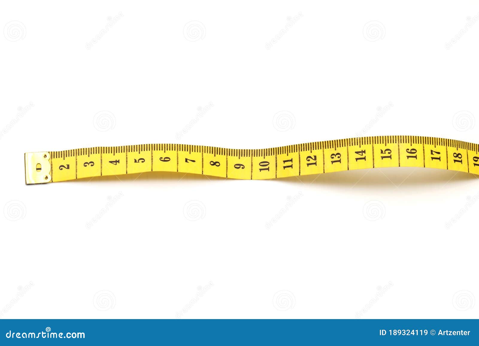 Top view of yellow soft measuring tape. Minimalist flat lay image of tape  measure with metric scale over turquoise blue background with copy space.  Stock Photo