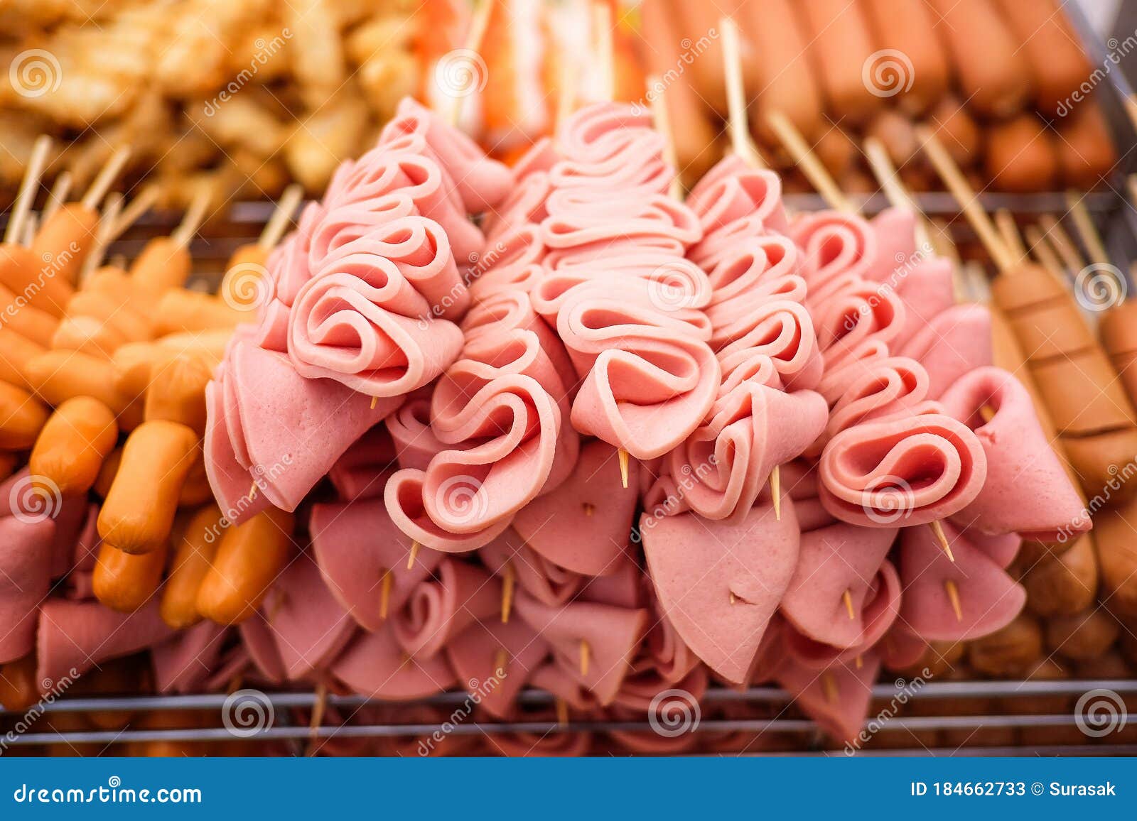 Meat Ball, Sausage and Ham on a Stick Stock Image Image of fried
