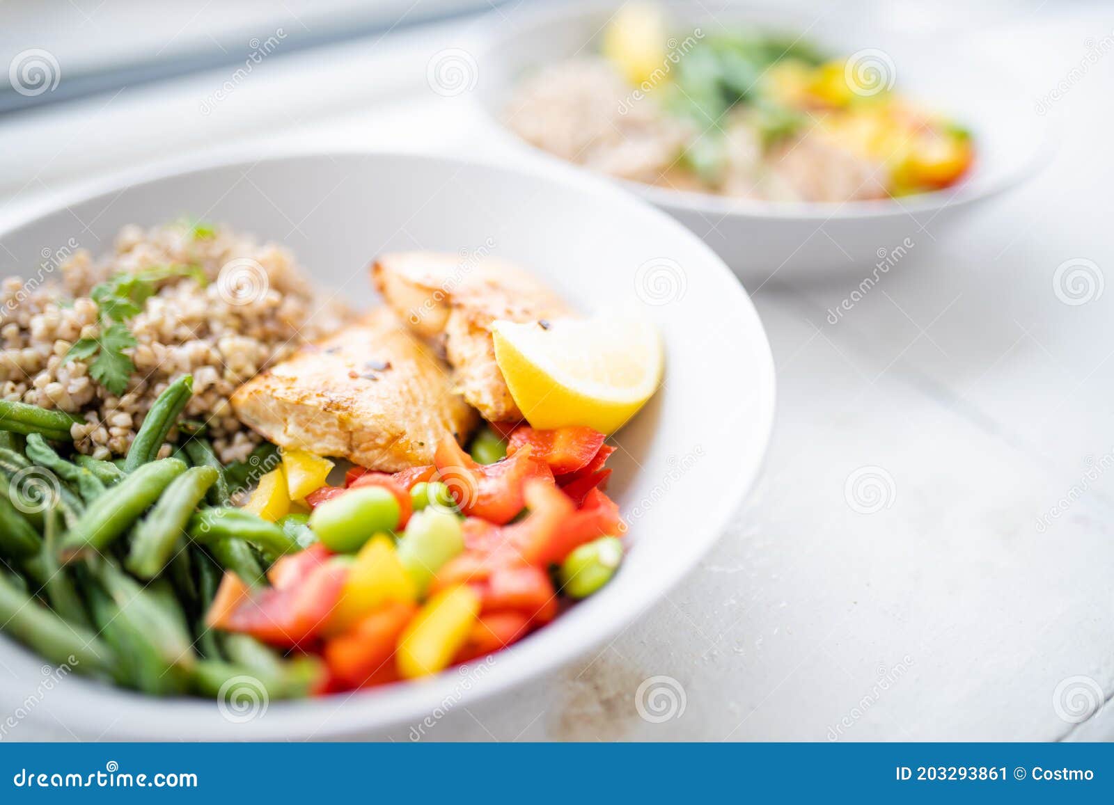 meat and buckwheat dishes with green beans and tomato