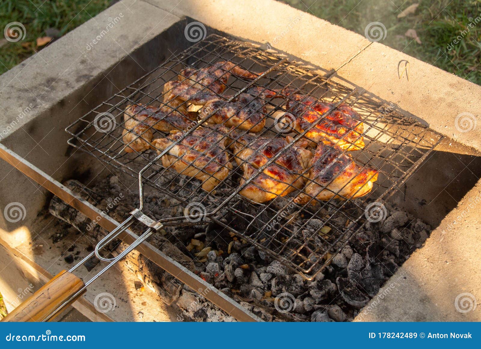 Meat is Cooking on a Brazier. Barbeque Meat. Meat on a Fire Stock Image