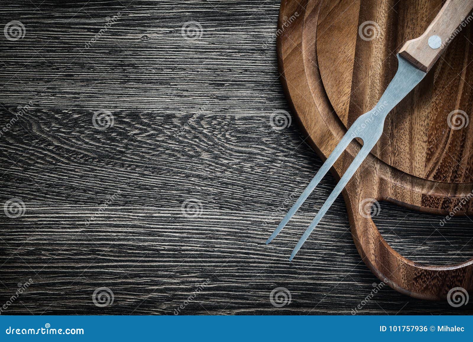Meat Fork Wooden Chopping Board on Wood Background Stock Photo Image