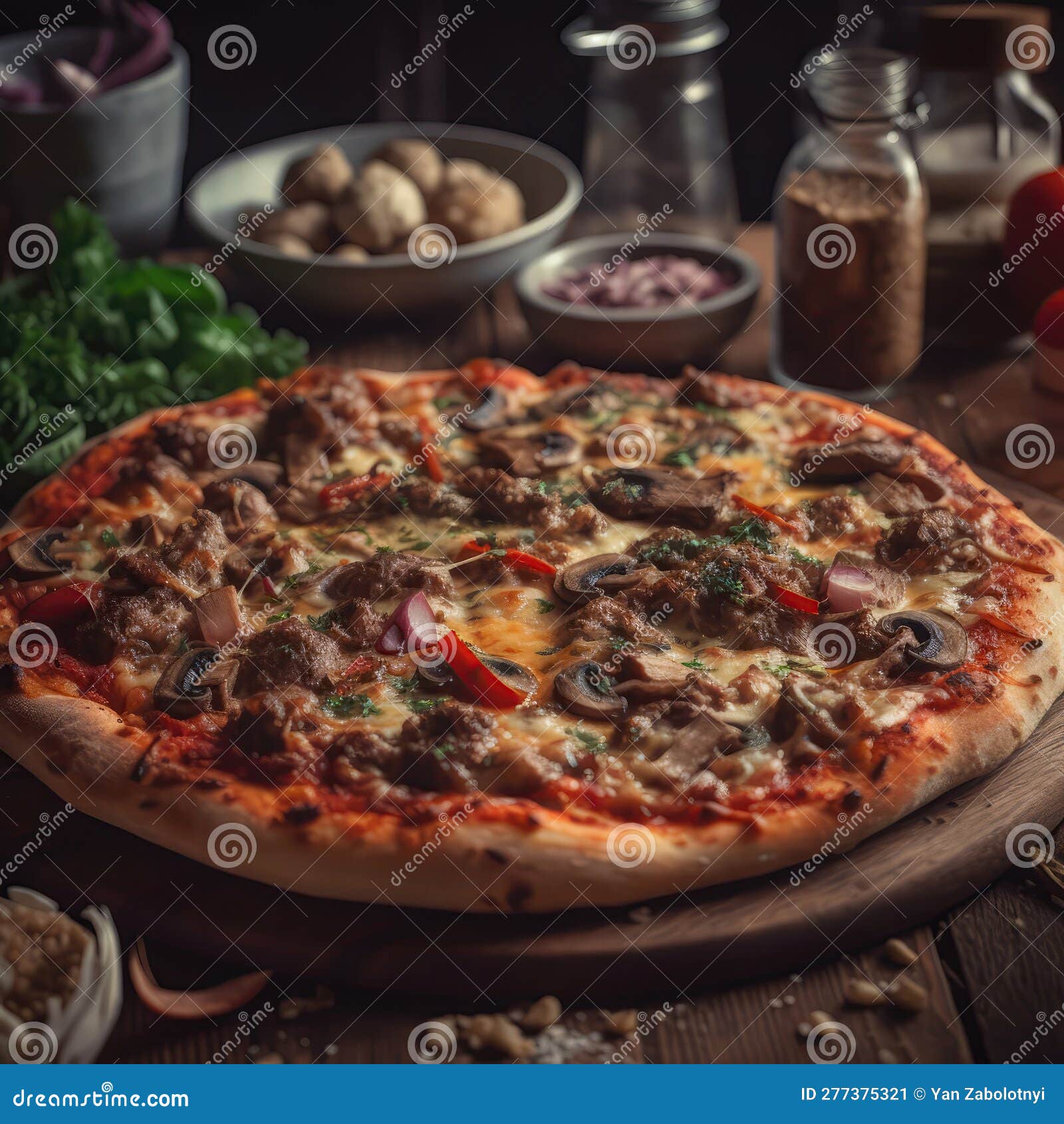 Meat Lovers Pizza on Stone in Rustic Pub. Generative AI Stock