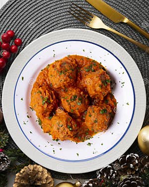 Meat Meatballs With Tomato Sauce And Vegetables Christmas Food On A Meat Meatballs With Tomato Sauce And Vegetables Christmas Food On A