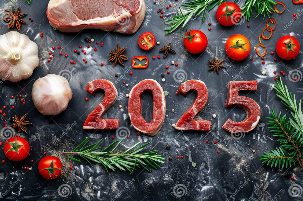 2025 Meat Numbers, New Year Fillet Greeting Card, Tenderloin Celebrate Banner, Marbled Meat