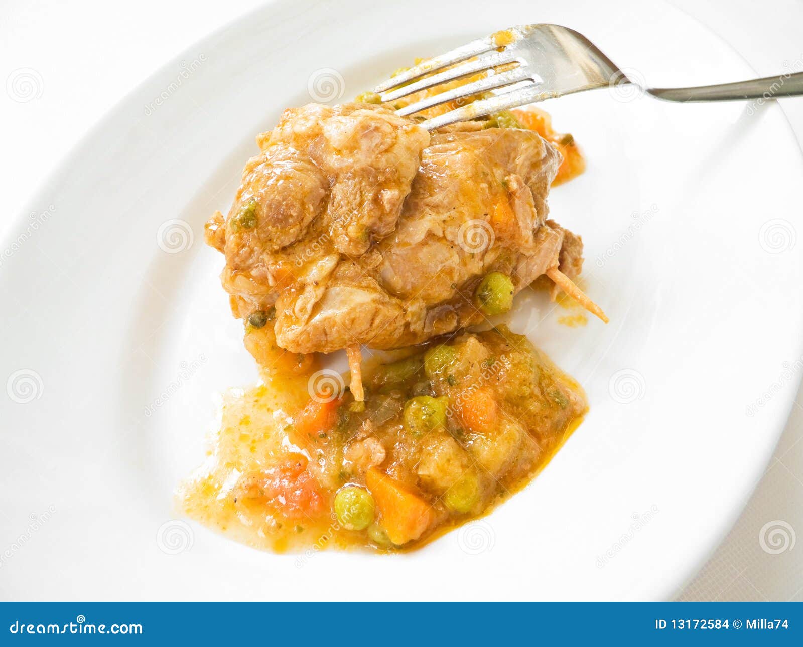 Meat Roulade with Vegetable Soup on White Dish. Stock Photo Image of