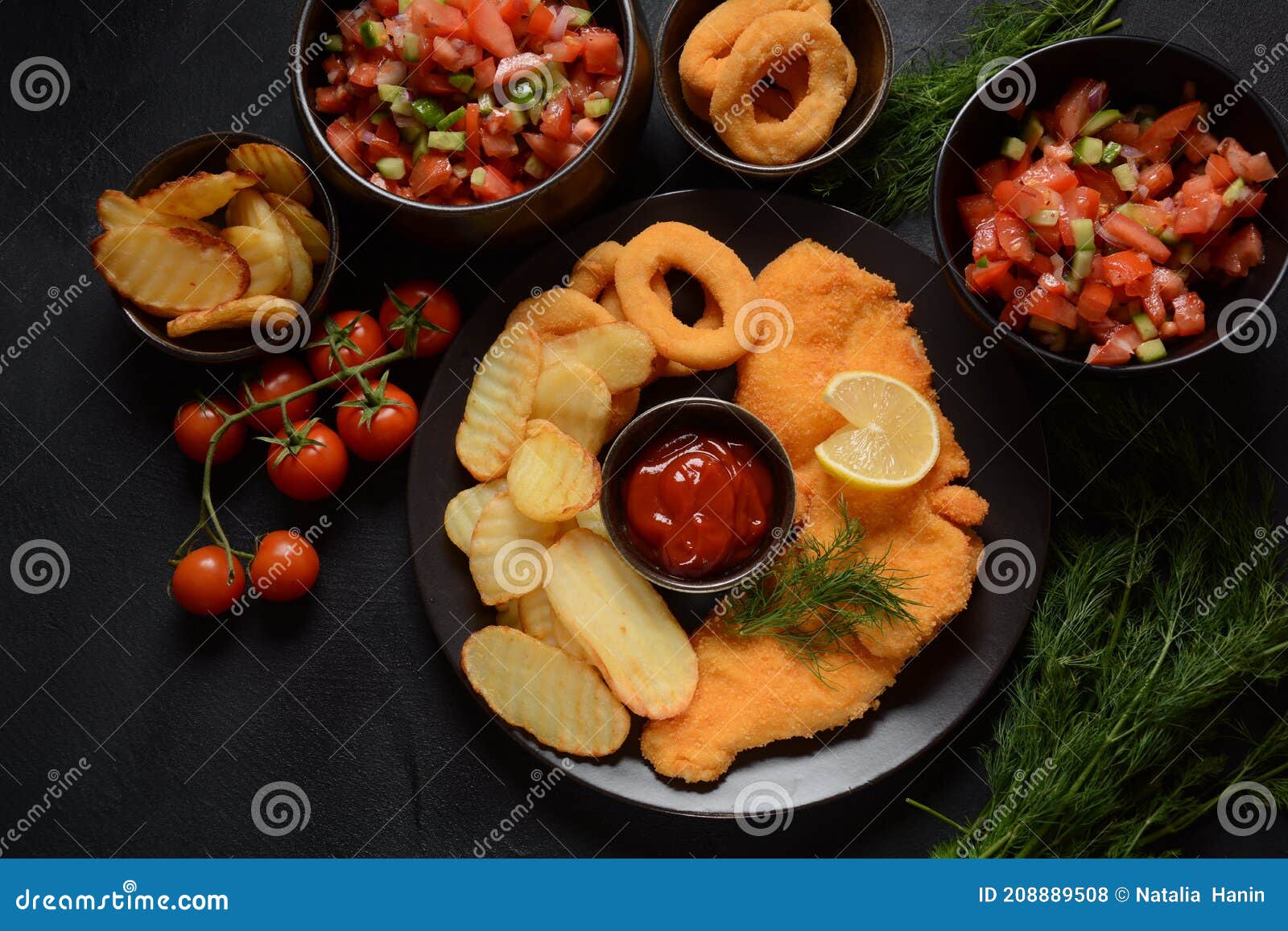 Meat Schnitzel and Fried Potatoes with Onion Rings Deep Fried Stock Photo Image of plate