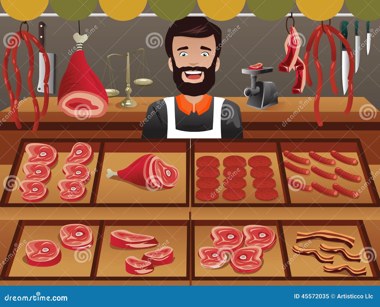 Meat Seller In A Farmer Market Stock Vector Illustration 45572035