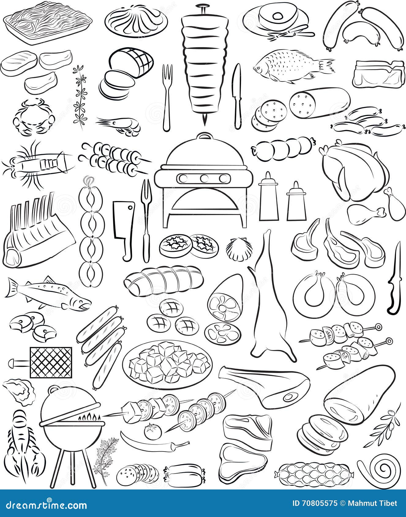 Meat set. Vector illustration of hand drawn meat elements set in line art mode