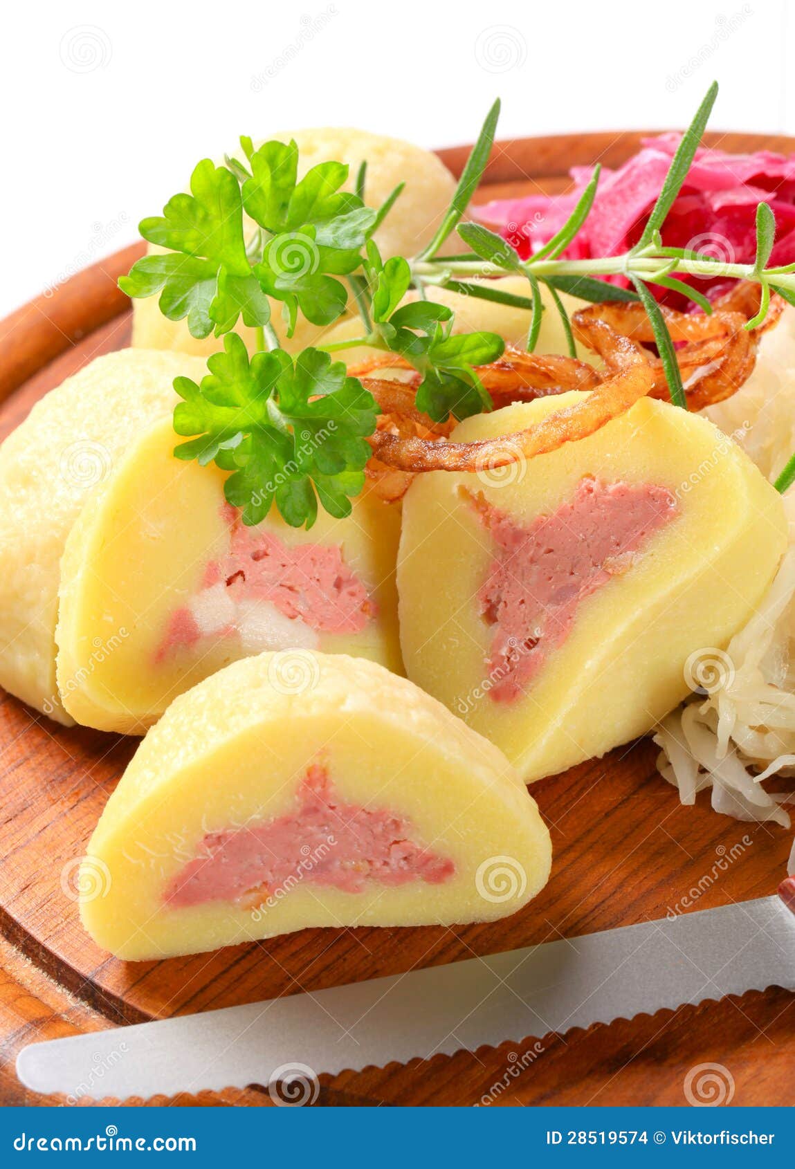 Meat Stuffed Potato Dumplings with Shredded Cabbage Stock Photo Image