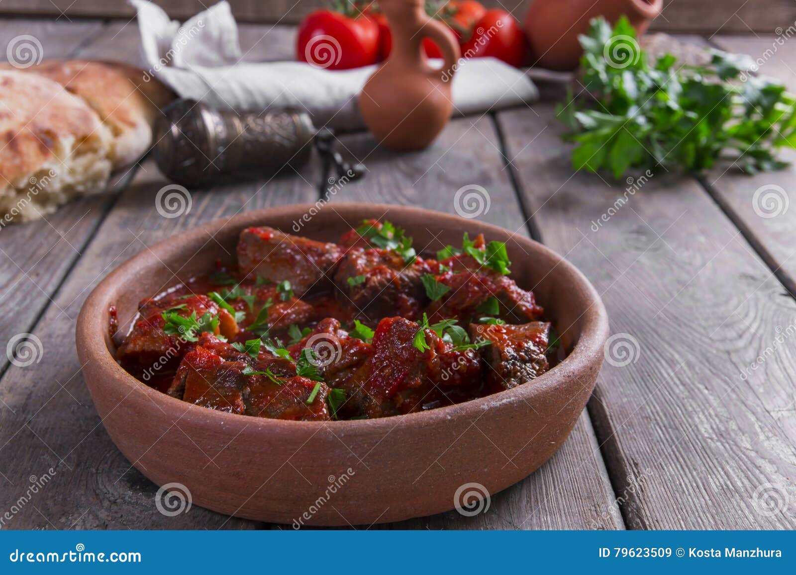 Meat in Tomato Sauce Beef Roast in a Clay Bowl Stock Image Image of