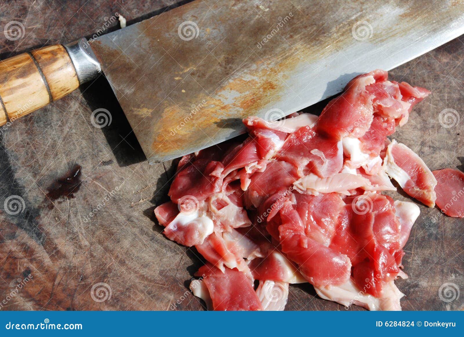 The Meat,wood Chopping Block And Kitchen Knife Stock Photo 